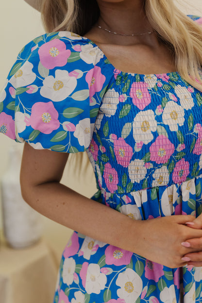 THE SCARLETT FLORAL MIDI DRESS IN PINK AND BLUE