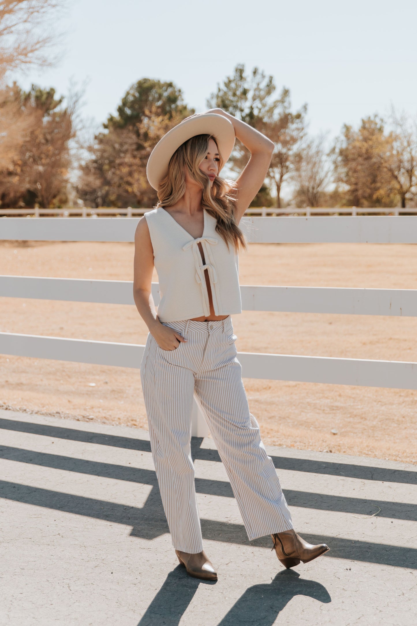 THE TORI BARREL PIN STRIPE PANTS IN IN TAUPE