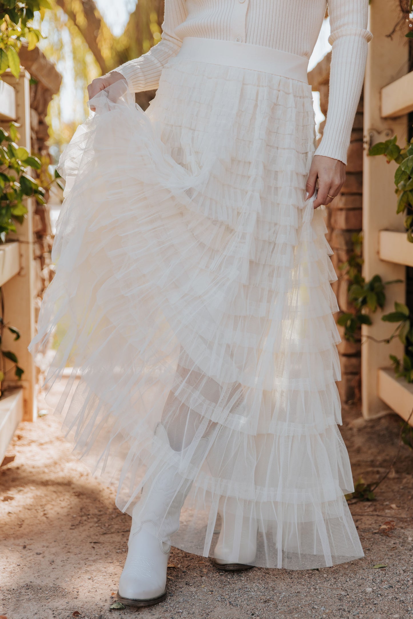 THE CASCADE TULLE TIERED MIDI SKIRT IN CREAM