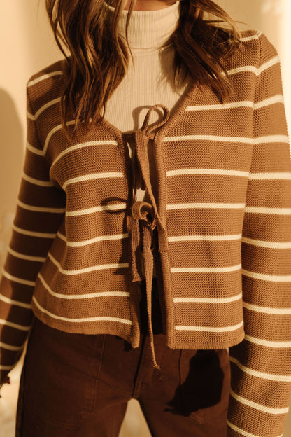 THE KARTER TIE FRONT KNIT CARDIGAN IN MOCHA STRIPE