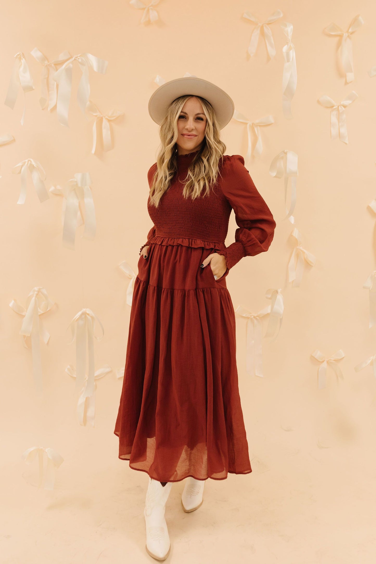 THE BECK RUFFLE MAXI DRESS IN BURGUNDY