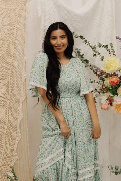 THE DANA SMOCKED MAXI DRESS IN GREEN