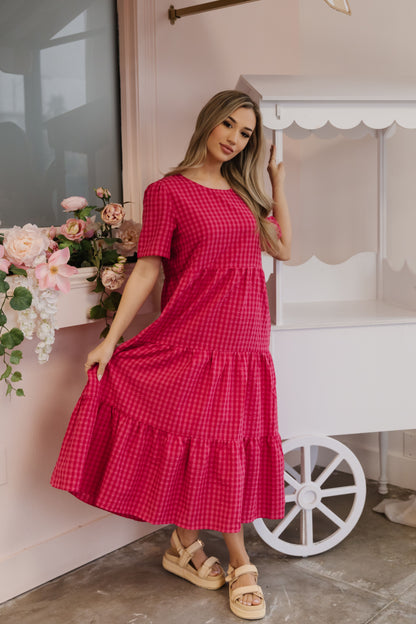 THE GILLIAN GINGHAM TIERED DRESS IN HOT PINK