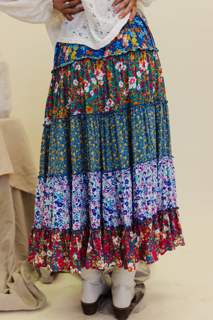 THE BRYDEN BOHO MAXI SKIRT IN BLUE