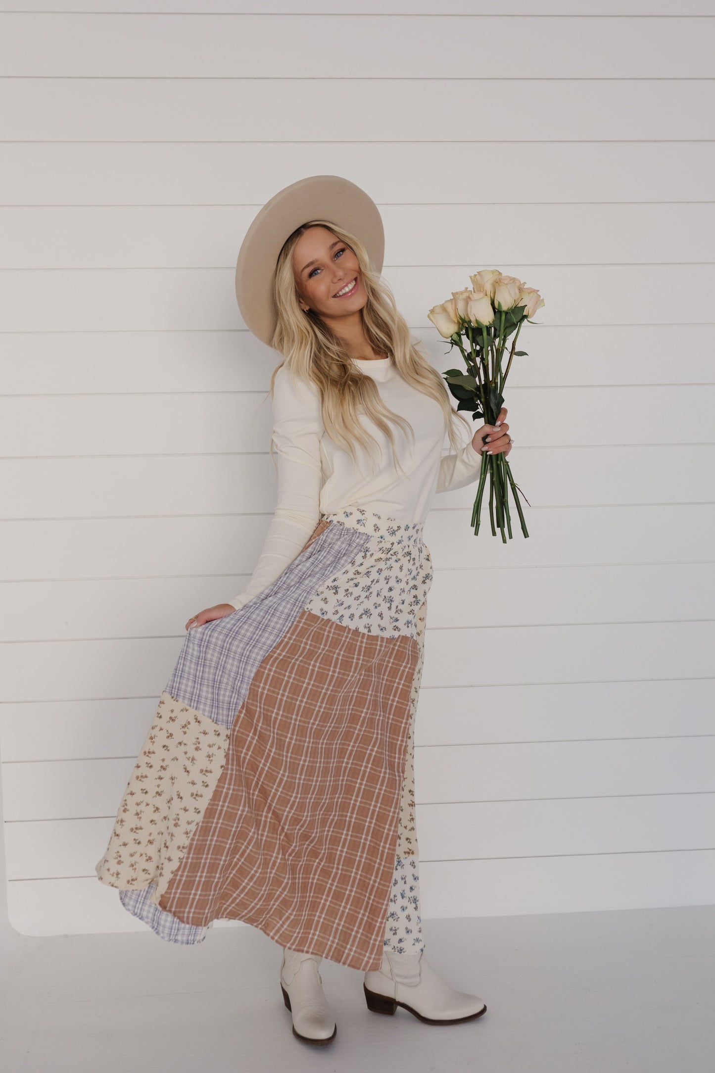 THE HARLYN PATTERN MAXI SKIRT IN IVORY