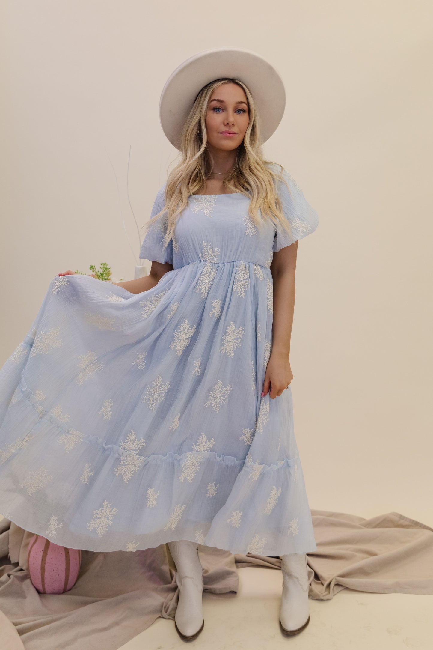 THE CAMILE PUFF SLEEVE MIDI DRESS IN POWDER BLUE