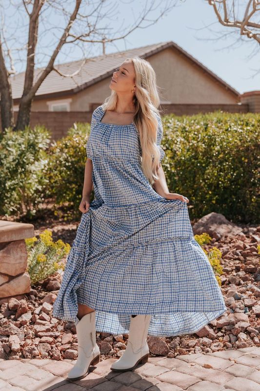 THE MONAE CHECKER PRINT MAXI DRESS IN BLUE