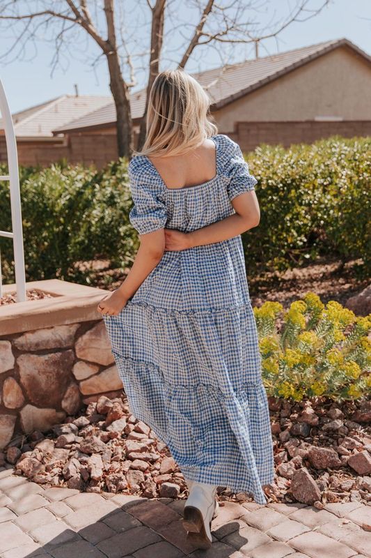 THE MONAE CHECKER PRINT MAXI DRESS IN BLUE