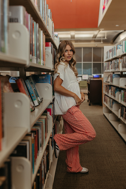 THE LANE GINGHAM STRAIGHT LEG PANTS IN RED