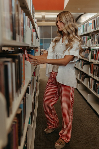 THE LANE GINGHAM STRAIGHT LEG PANTS IN RED