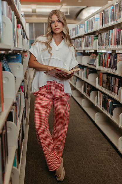 THE LANE GINGHAM STRAIGHT LEG PANTS IN RED