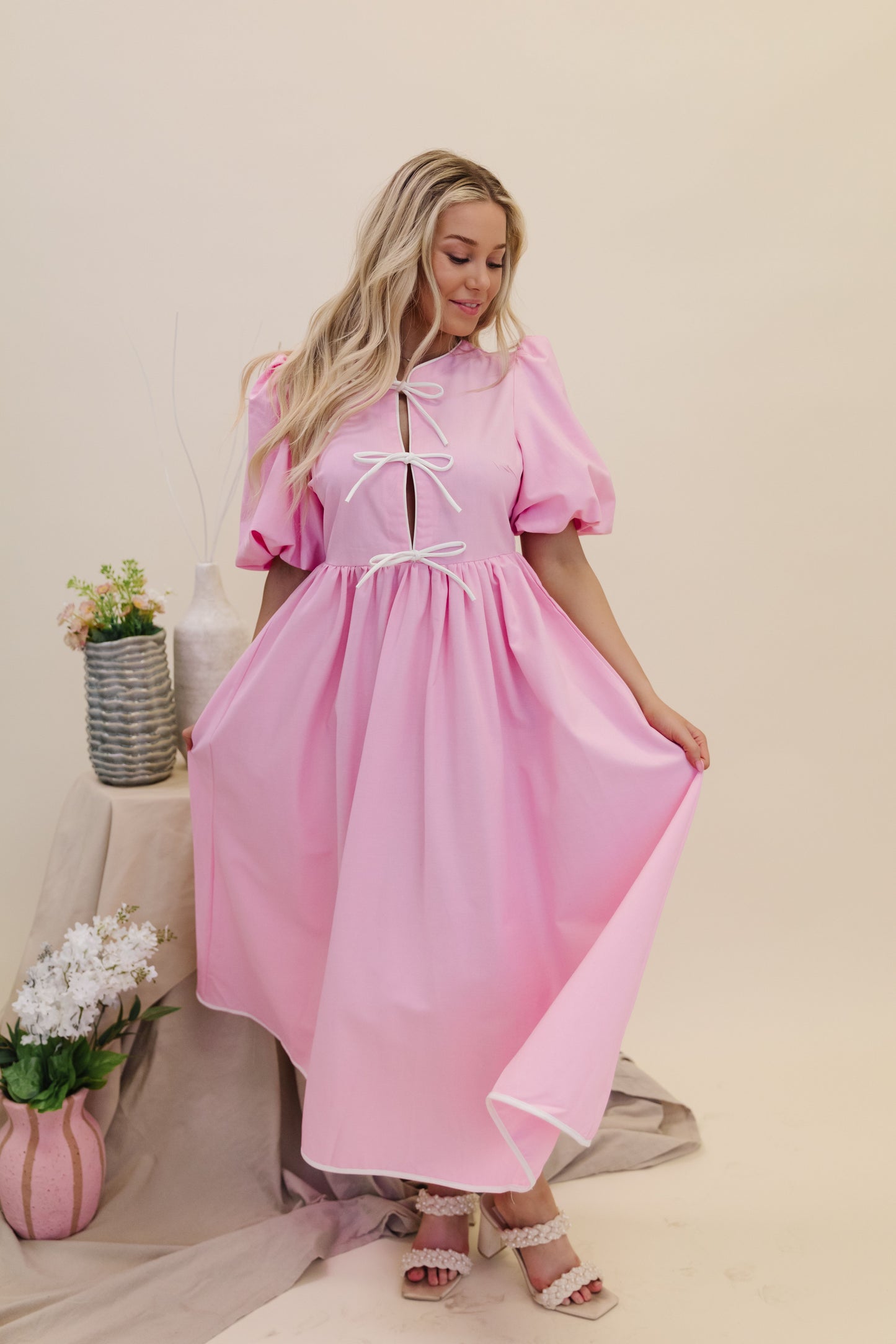 THE JOSEPHINE BOW TIE MIDI DRESS IN PINK