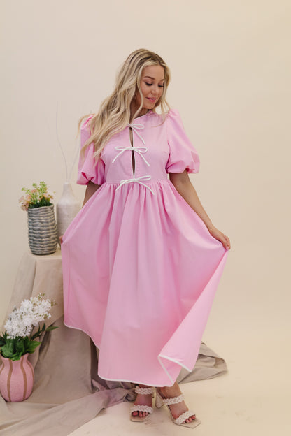 THE JOSEPHINE BOW TIE MIDI DRESS IN PINK