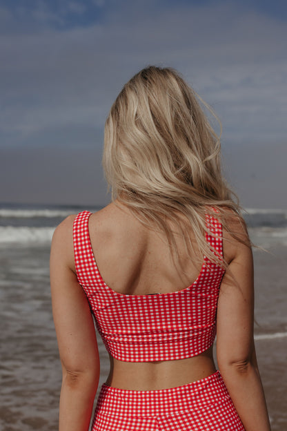 BEACHCOMBER SPORTY SWIM TOP IN RED GINGHAM BY PINK DESERT