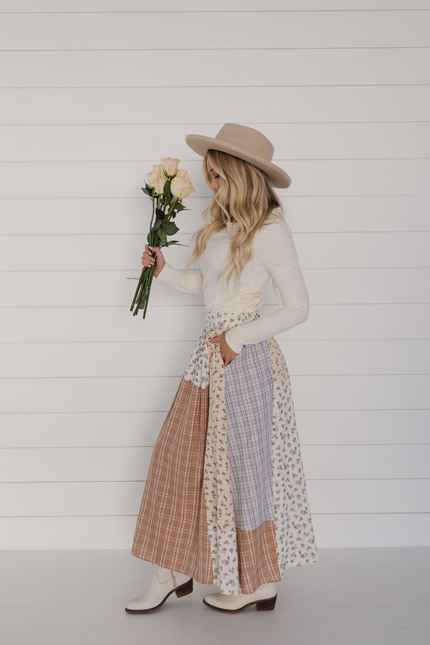 THE HARLYN PATTERN MAXI SKIRT IN IVORY