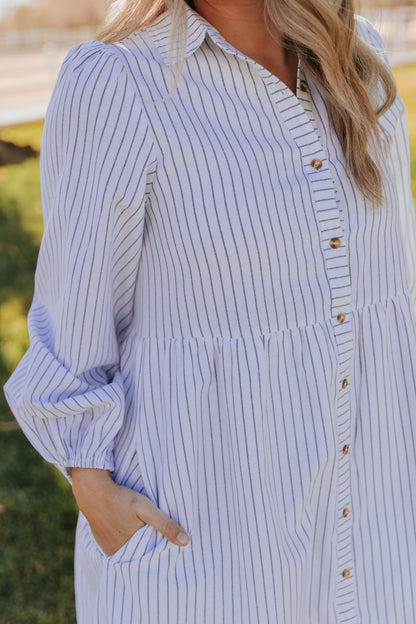 THE TASSA STRIPED BUTTON UP MIDI DRESS IN WHITE