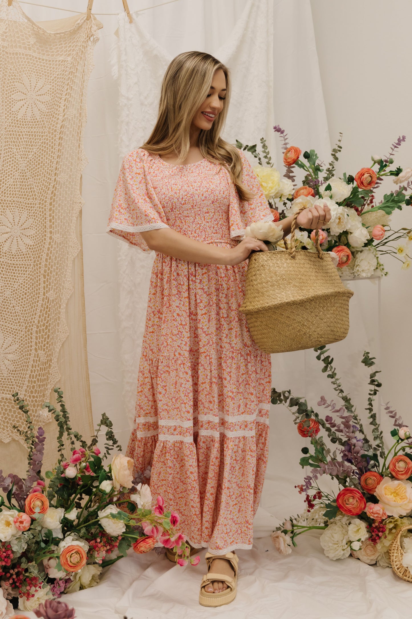 THE DANA SMOCKED MAXI DRESS IN CORAL