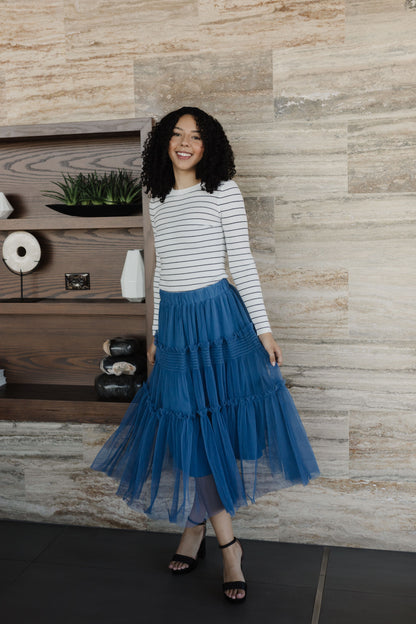 THE MILLIE TULLE TIERED MIDI SKIRT IN ROYAL BLUE