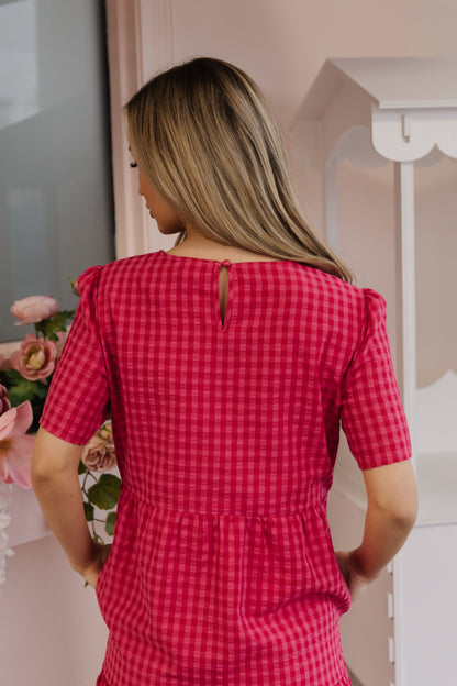 THE GILLIAN GINGHAM TIERED DRESS IN HOT PINK