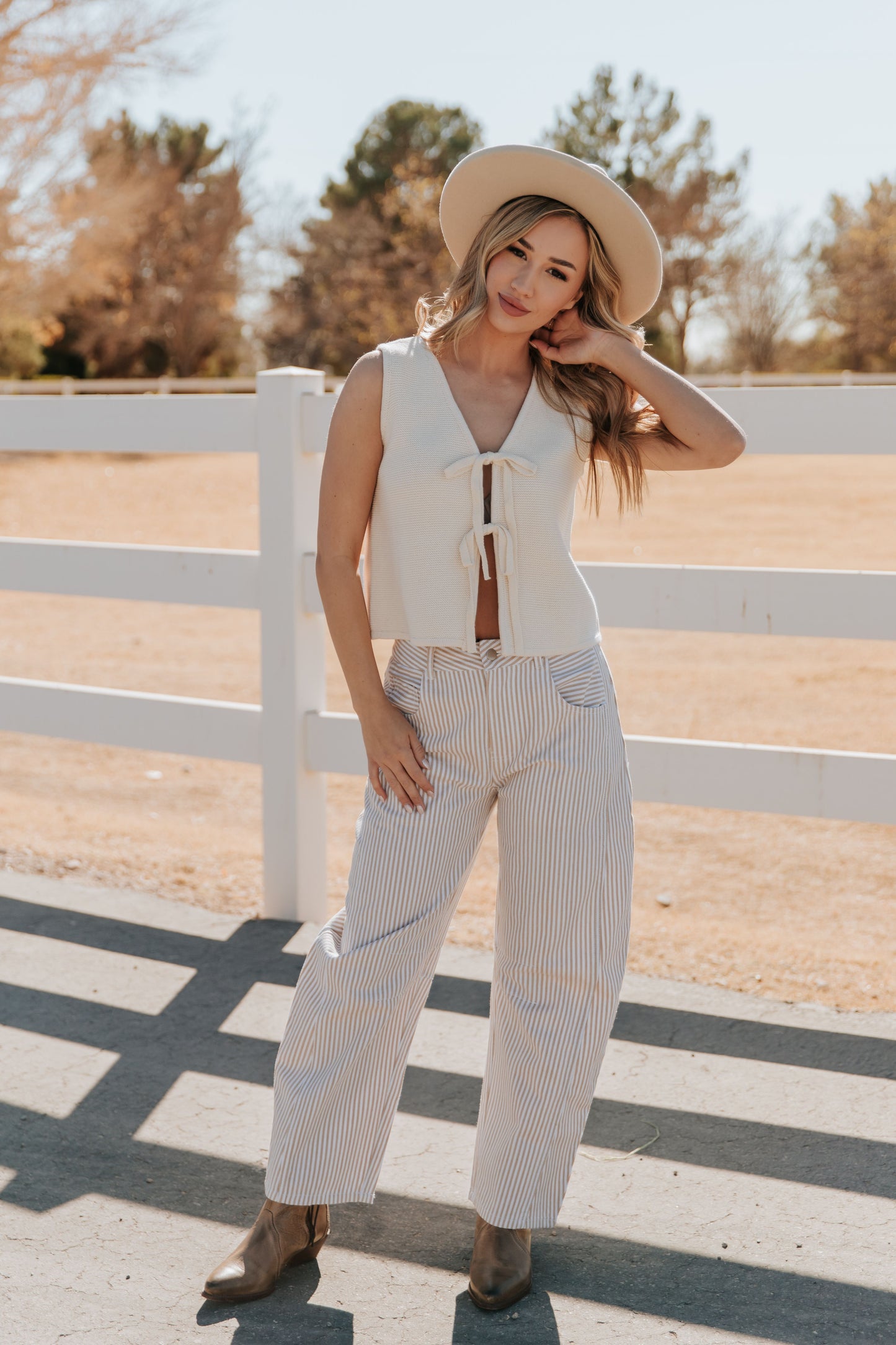 THE TORI BARREL PIN STRIPE PANTS IN IN TAUPE