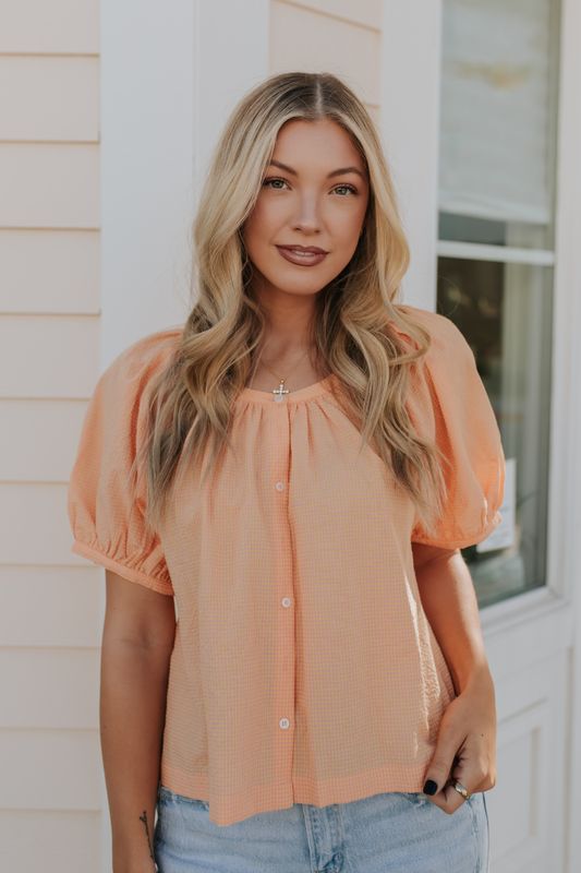 THE MINNIE CHECKERED BUTTON UP BLOUSE IN CORAL