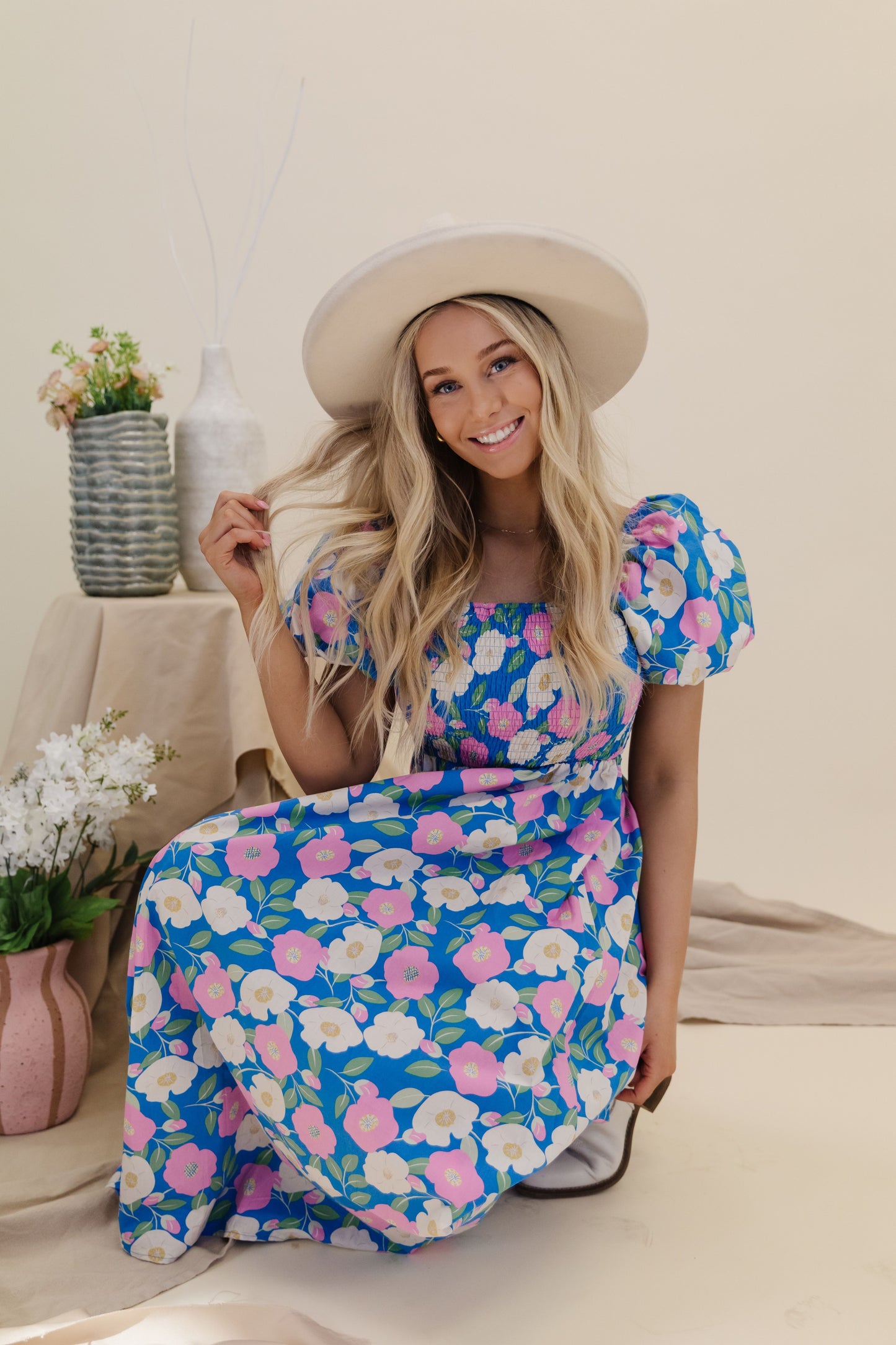 THE SCARLETT FLORAL MIDI DRESS IN PINK AND BLUE