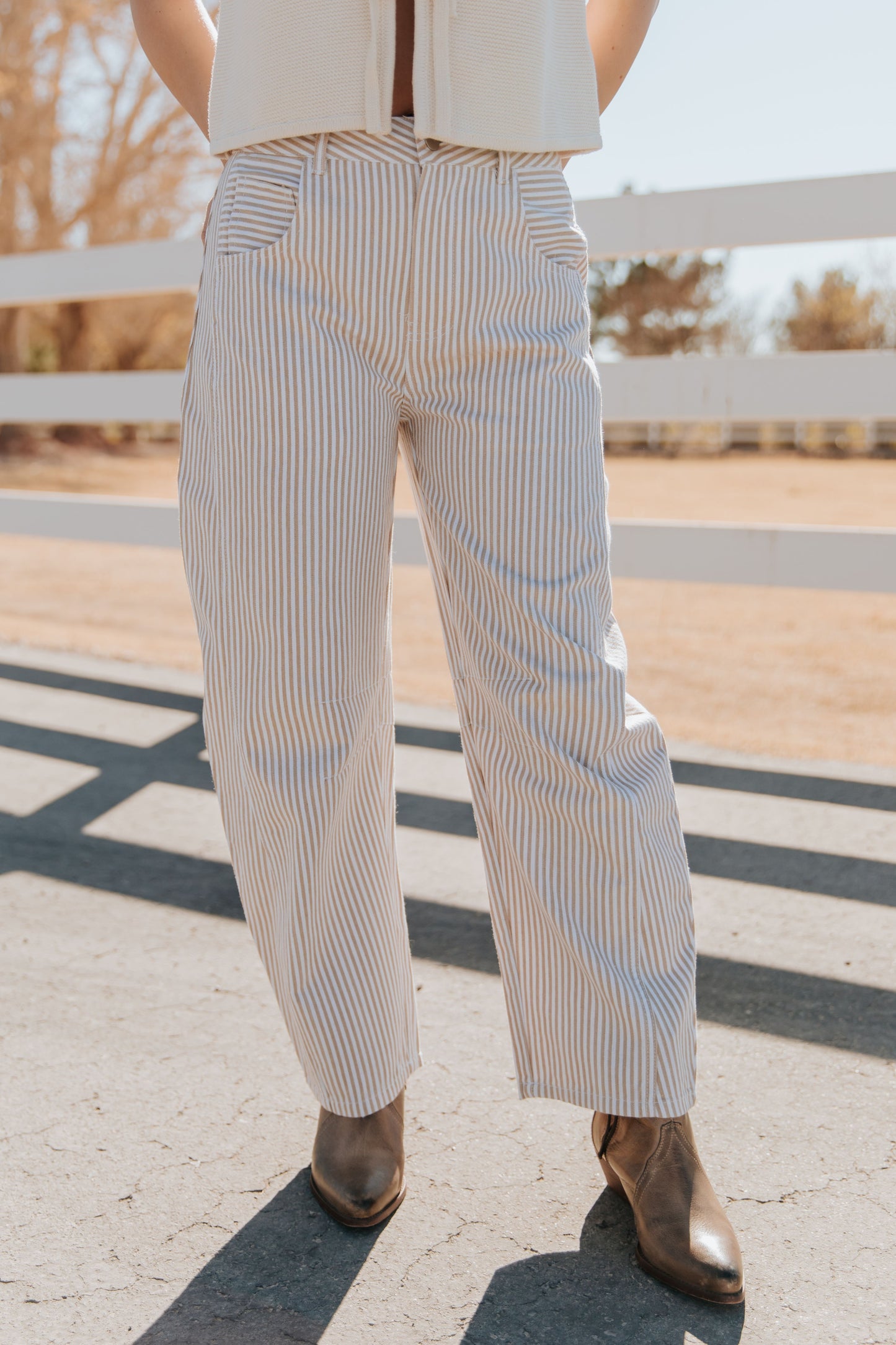 THE TORI BARREL PIN STRIPE PANTS IN IN TAUPE