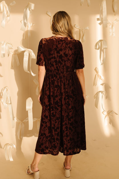 THE TARA VELVET MIDI DRESS IN BROWN