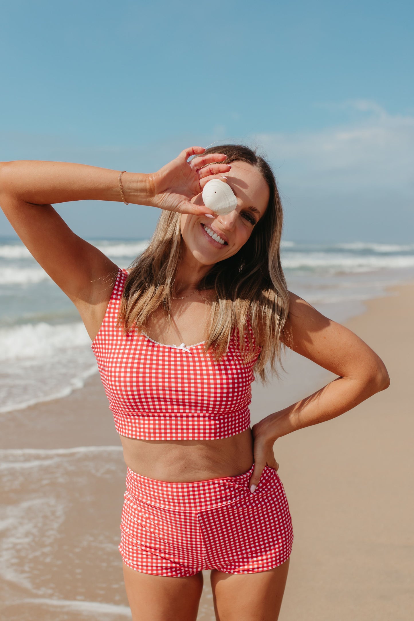 BEACHCOMBER SPORTY SWIM TOP IN RED GINGHAM BY PINK DESERT