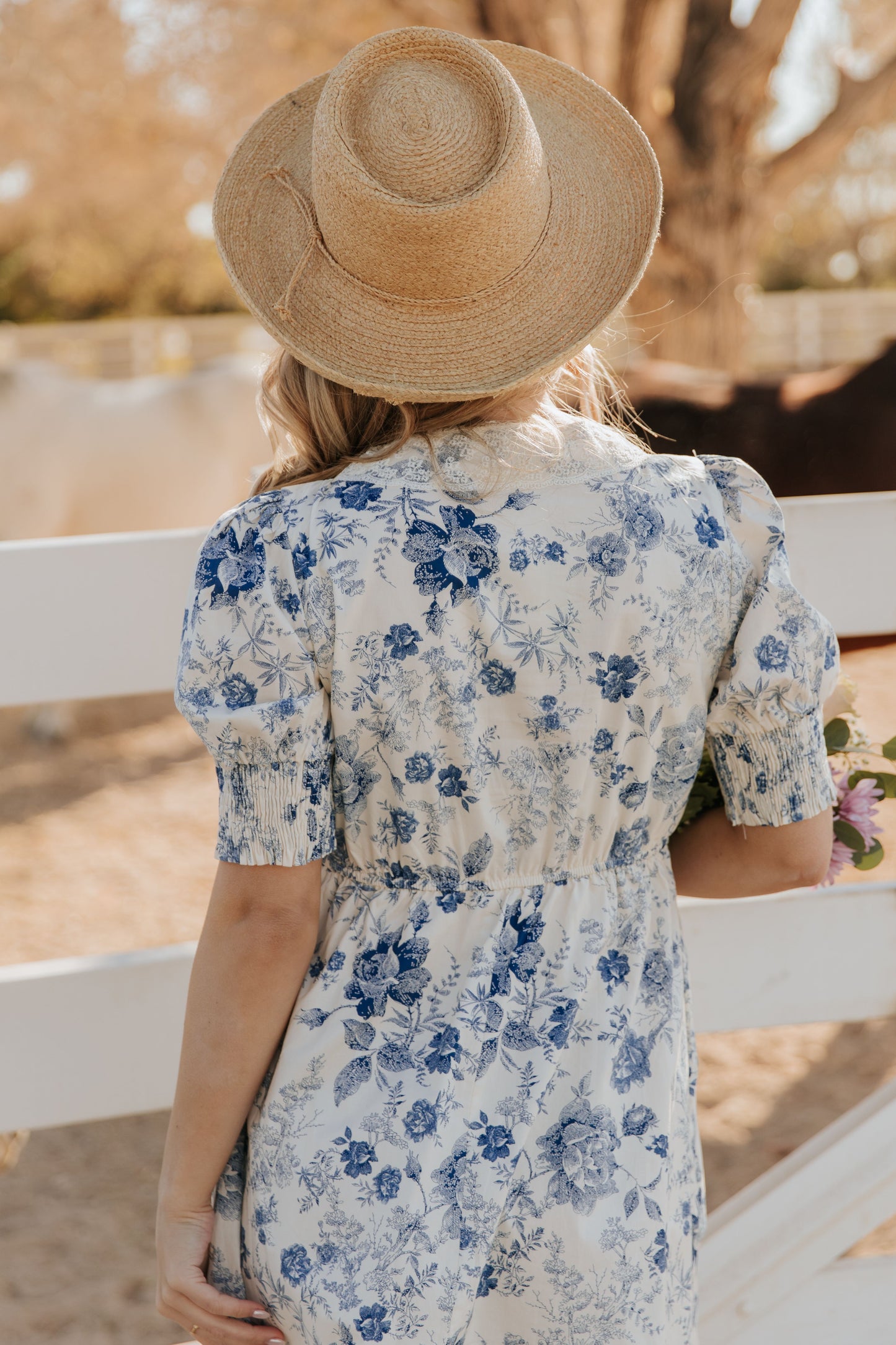 THE CONSTANCE ANTIQUE FLORAL MIDI DRESS IN BLUE