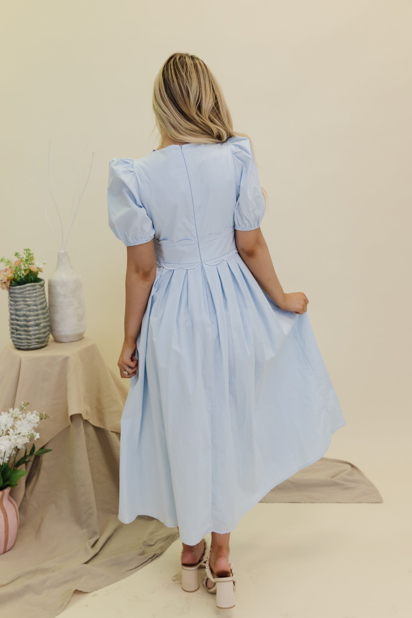 THE ELLA SCALLOPED MIDI DRESS IN BABY BLUE