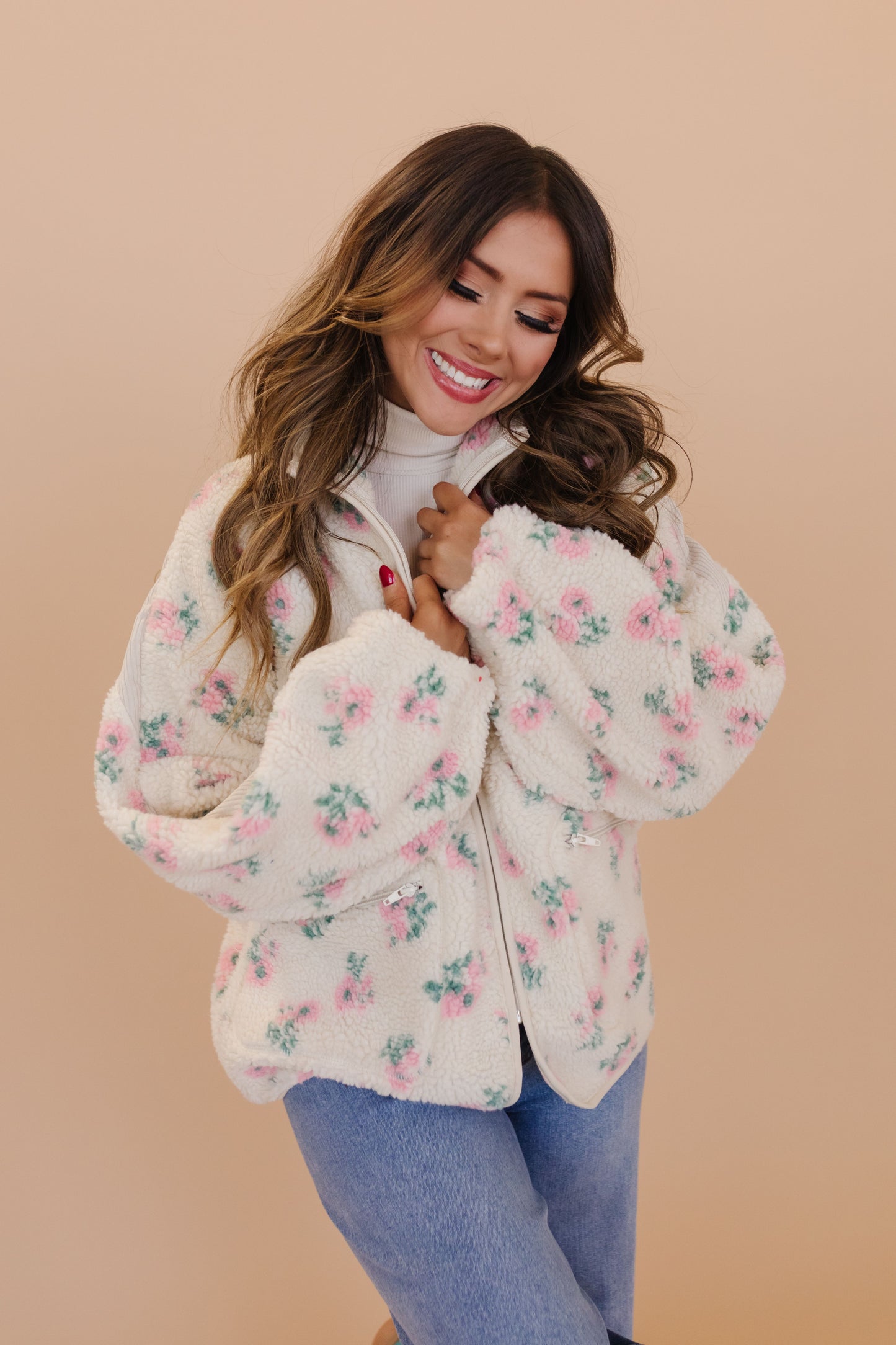 THE ODETTE OVERSIZED PRINTED FLEECE JACKET IN PINK FLORAL