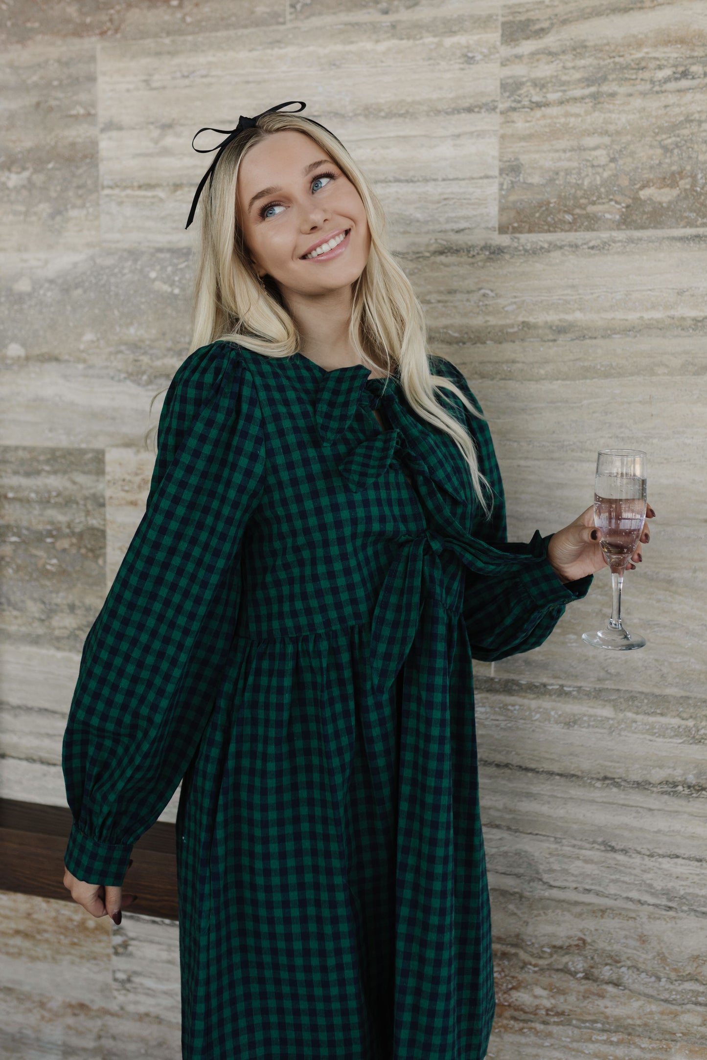 THE CELESTE CHECKERBOARD MINI DRESS IN GREEN