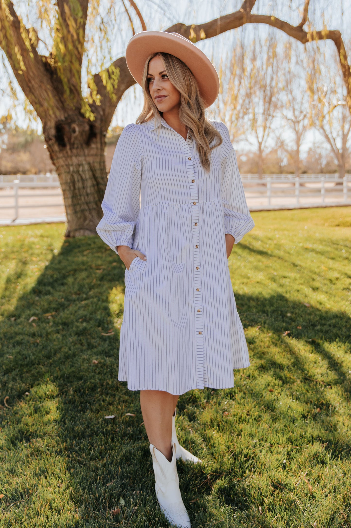 THE TASSA STRIPED BUTTON UP MIDI DRESS IN WHITE