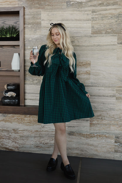 THE CELESTE CHECKERBOARD MINI DRESS IN GREEN