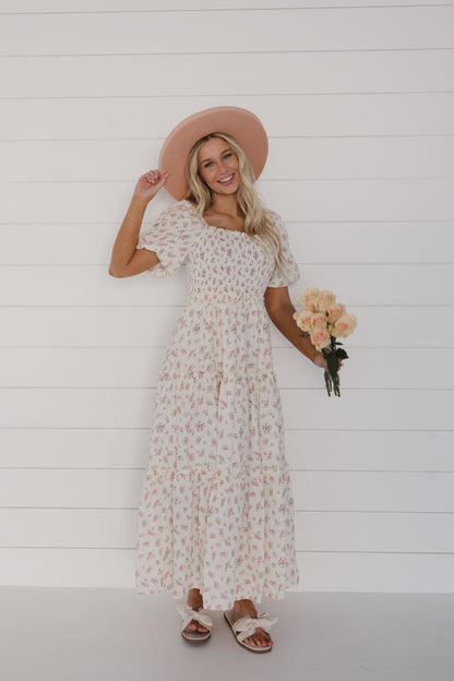 THE ADELAIDE FLORAL MIDI PUFF SLEEVE DRESS IN PINK