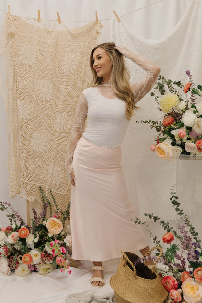 THE MAISIE SATIN MAXI SKIRT IN BABY PINK