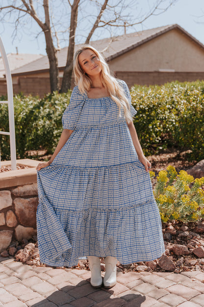 THE MONAE CHECKER PRINT MAXI DRESS IN BLUE