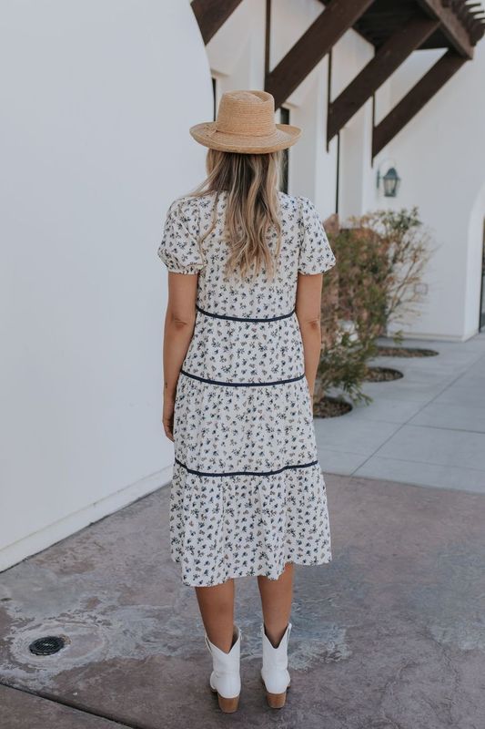 THE MARIANA FLORAL TIERED MIDI DRESS IN CREAM