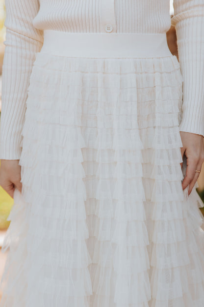 THE CASCADE TULLE TIERED MIDI SKIRT IN CREAM