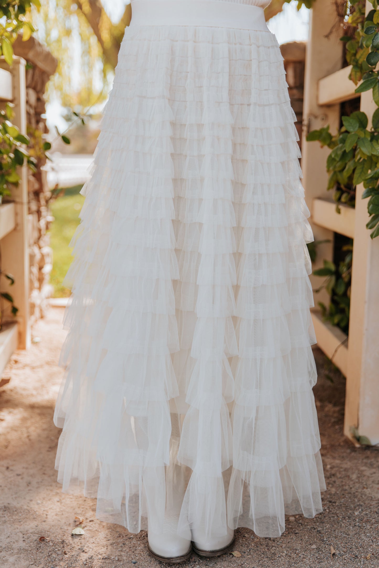 THE CASCADE TULLE TIERED MIDI SKIRT IN CREAM