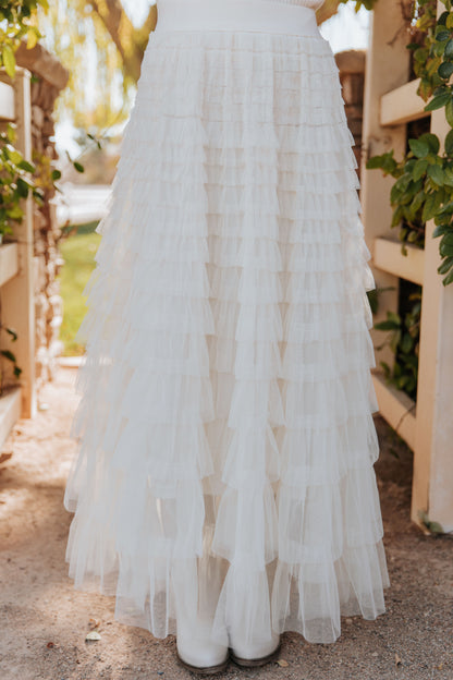 THE CASCADE TULLE TIERED MIDI SKIRT IN CREAM