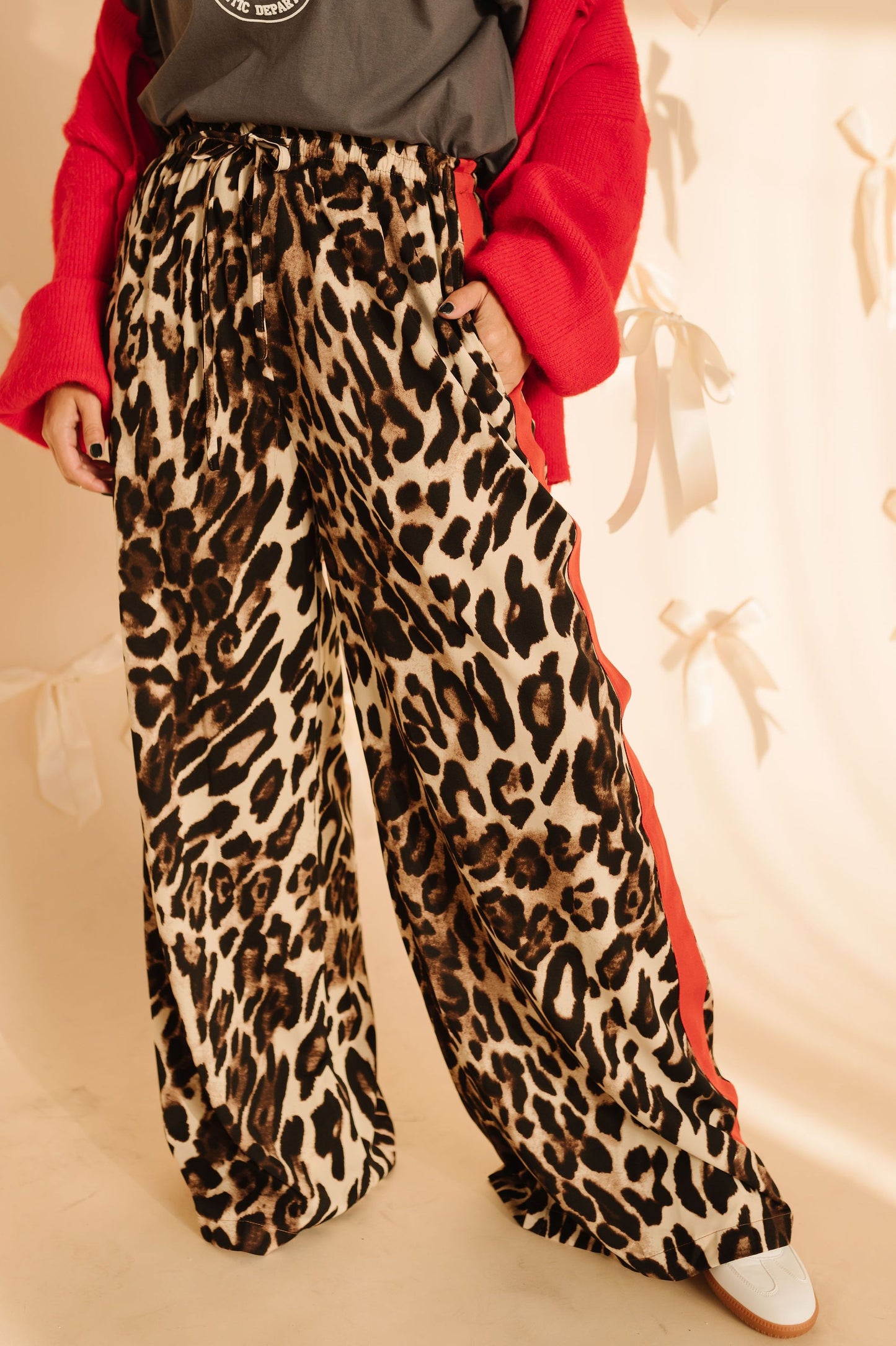 THE LILLI LEOPARD STRAIGHT PANTS WITH RED STRIPES