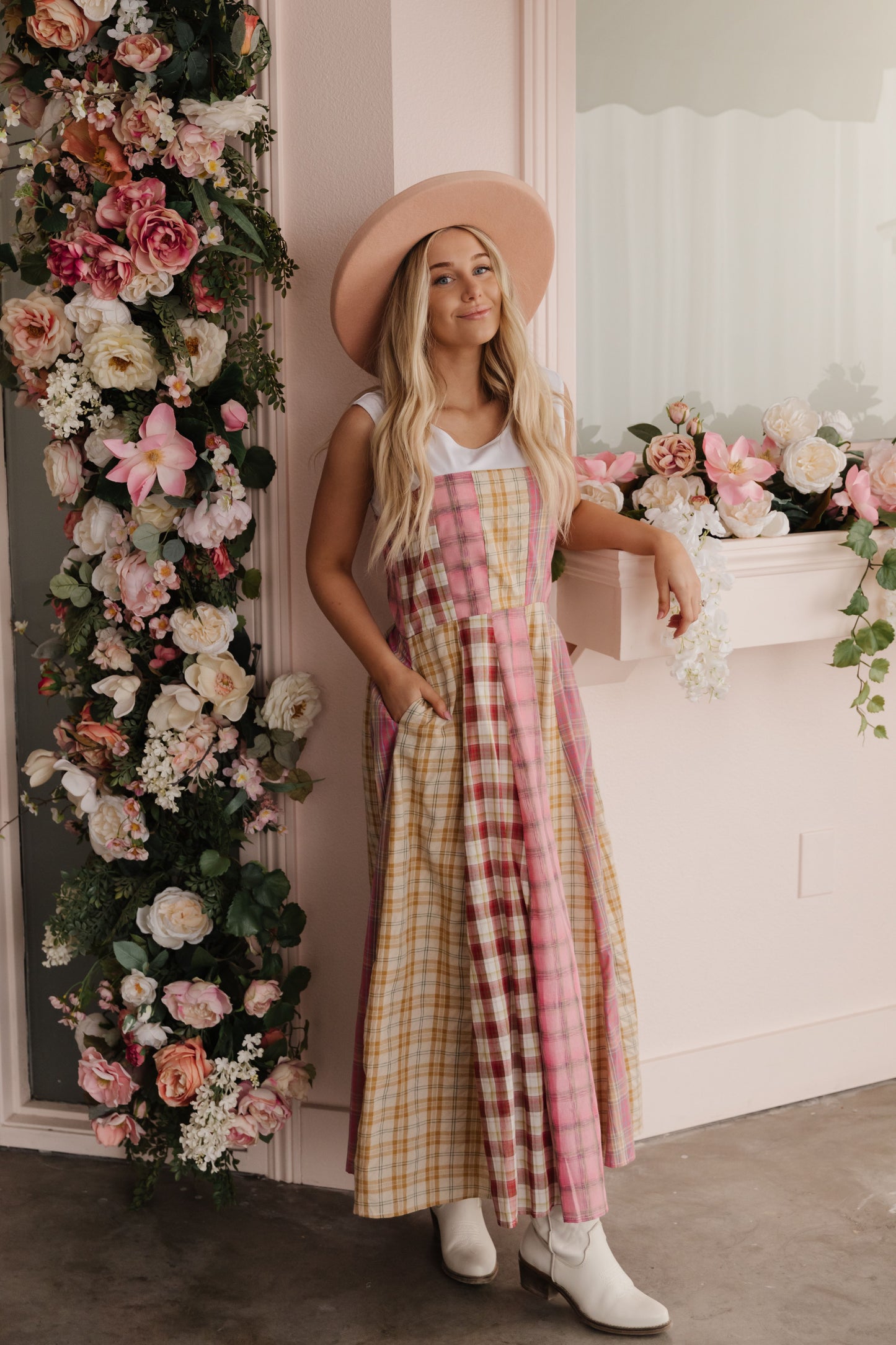 THE COLETTE CHECKERED MIDI DRESS IN PINK