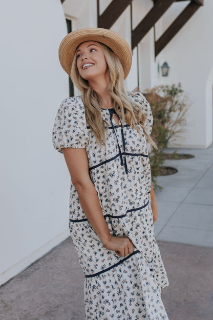 THE MARIANA FLORAL TIERED MIDI DRESS IN CREAM