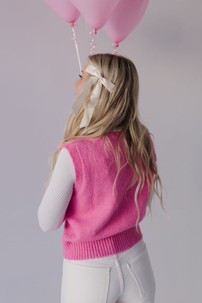 THE HOLLIS FRONT TIE SWEATER VEST IN HOT PINK