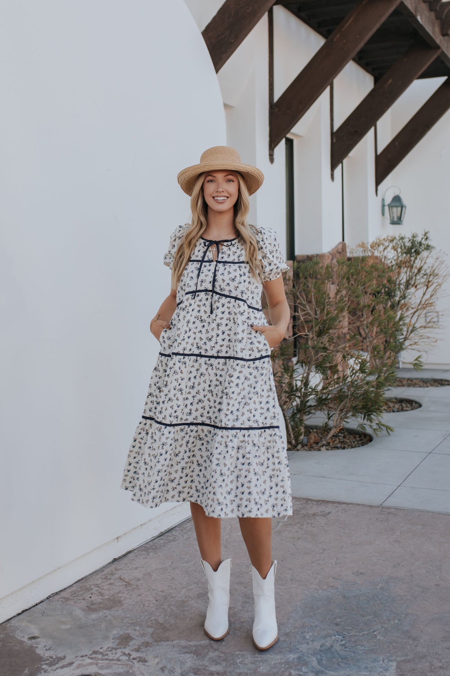 THE MARIANA FLORAL TIERED MIDI DRESS IN CREAM