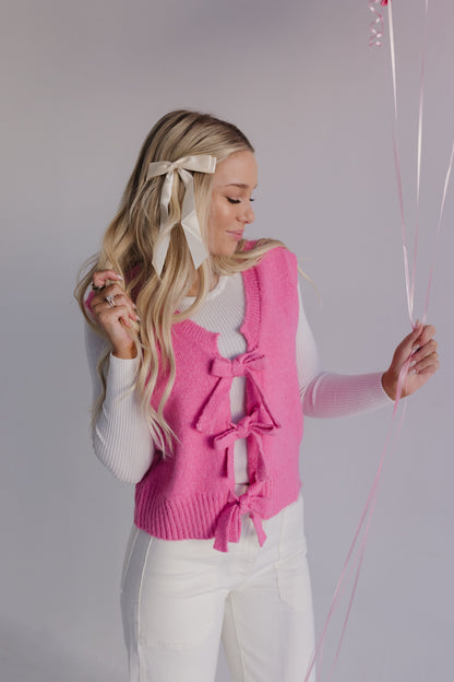 THE HOLLIS FRONT TIE SWEATER VEST IN HOT PINK