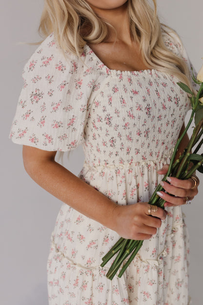 THE ADELAIDE FLORAL MIDI PUFF SLEEVE DRESS IN PINK