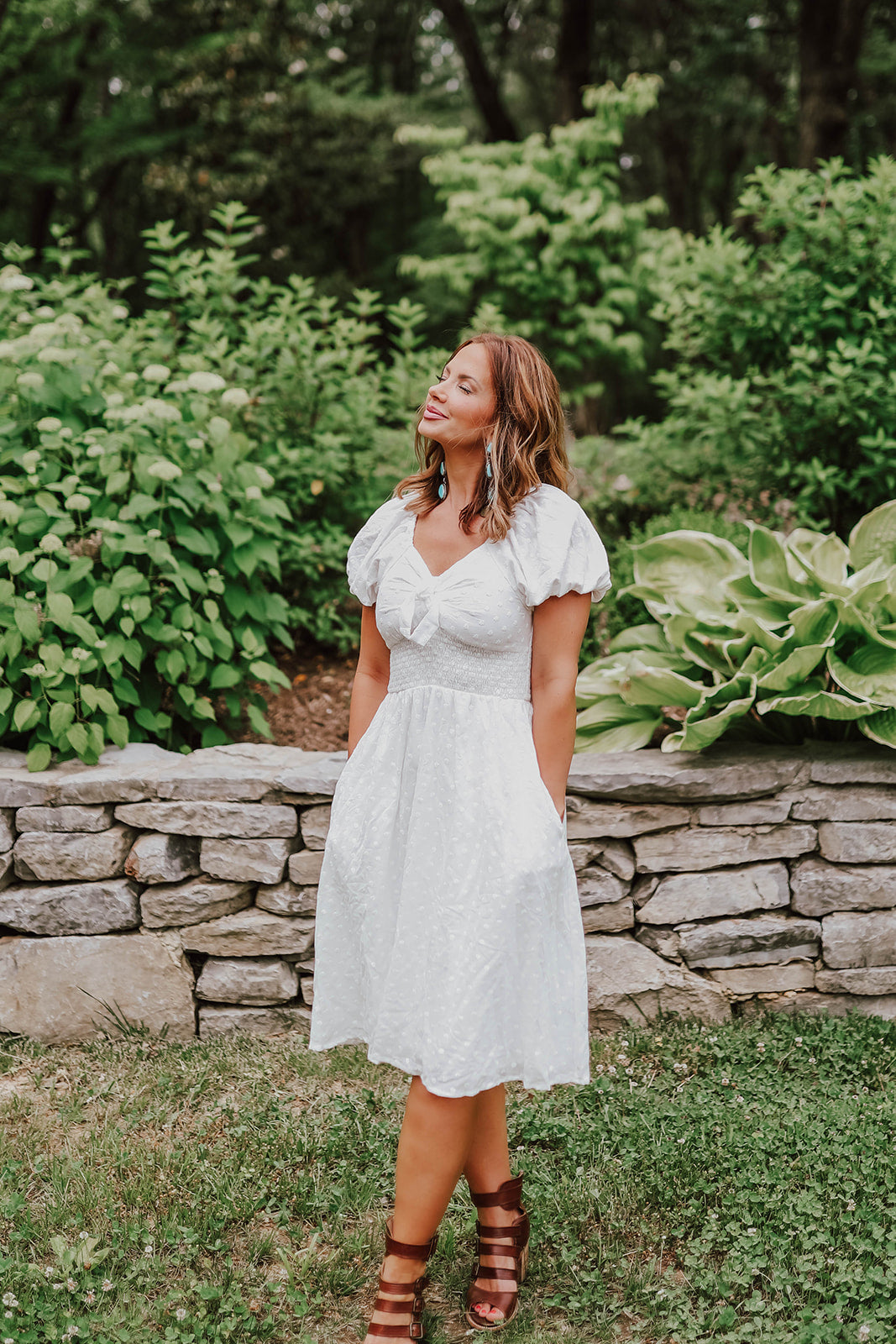 THE BETSY TIE FRONT EMBROIDERED DRESS IN WHITE BY PINK DESERT